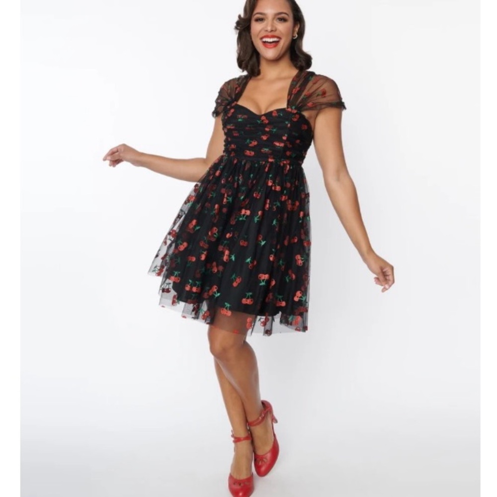 Unique Vintage Black & Glitter Cherry Print Heart & Soul Babydoll Dress